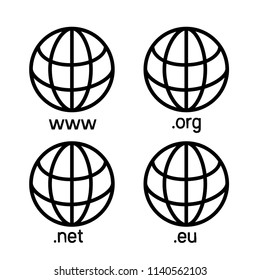 top level internet domain icons www, eu, net, and org symbols with globe