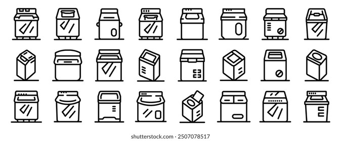 Top load washing machine icons set. Collection of bread maker icons, bread making machine icons, dough mixer