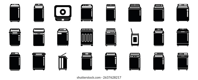  Top load washing machine icons set. Exploring various washing machine models, highlighting diverse designs and functionalities for efficient laundry solutions