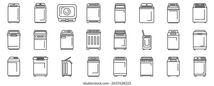  Top load washing machine icons set. Washing machine icons represent different types of laundry appliances used for cleaning clothes, offering various functionalities and designs