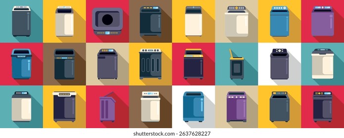  Top load washing machine icons set. Colorful icons representing various washing machines and tumble dryers, showcasing laundry equipment for household chores