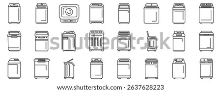  Top load washing machine icons set. Washing machine icons represent different types of laundry appliances used for cleaning clothes, offering various functionalities and designs