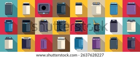  Top load washing machine icons set. Colorful icons representing various washing machines and tumble dryers, showcasing laundry equipment for household chores