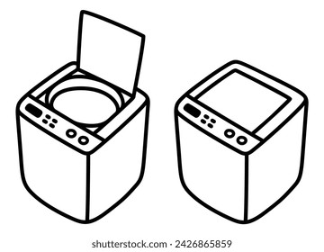 Top loading washing machine with open and closed lid, isometric drawing. Hand drawn cartoon doodle. Simple vector icon.