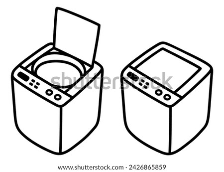 Top loading washing machine with open and closed lid, isometric drawing. Hand drawn cartoon doodle. Simple vector icon.