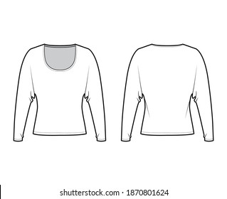 Top with long dolman sleeves technical fashion illustration with relax fit, under waist length, round neckline. Flat apparel blouse template front, back white color. Women men unisex shirt CAD mockup