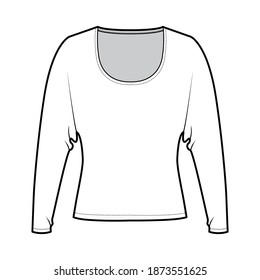 Top with long dolman sleeves technical fashion illustration with relax fit, under waist length, round neckline. Flat apparel blouse template front, white color. Women men unisex shirt CAD mockup