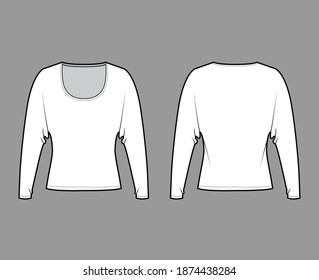 Top with long dolman sleeves technical fashion illustration with relax fit, under waist length, round neckline. Flat apparel blouse template front, back white color. Women men unisex shirt CAD mockup