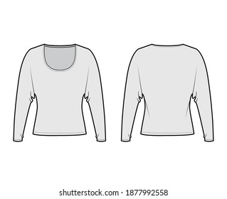 Top with long dolman sleeves technical fashion illustration with relax fit, under waist length, round neckline. Flat apparel blouse template front, back grey color. Women men unisex shirt CAD mockup