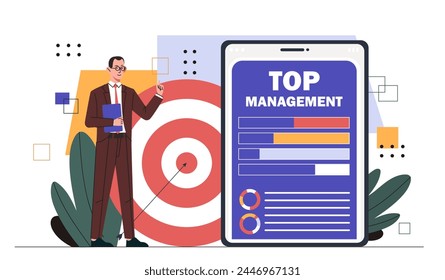 Top management concept. Businessman near bullseye with arrow. Businessman with graphs and diagrams, KPI of workers. Analyst conduct marketing research. Cartoon flat vector illustration