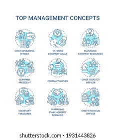 Juego de iconos de concepto de administración superior. Gestión de las demandas de los interesados. Puesto de director ejecutivo. Ilustraciones de color RGB de la línea delgada de la compañía. Dibujos de contorno aislados por vectores. Trazo editable