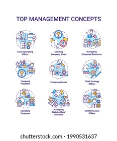 Top management concept icons set. Managing stakeholders demands. Chief executive manager. Organization idea thin line RGB color illustrations. Vector isolated outline drawings. Editable stroke