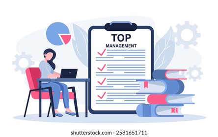 Top management concept. Woman with laptop working near clipboard with list of goals. Organization of effective work. Planning, setting goals and deadlines. Flat vector illustration