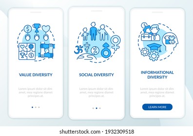 Top management diversity types onboarding mobile app page screen with concepts. Social diversity walkthrough 3 steps graphic instructions. UI vector template with RGB color illustrations