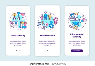 Top management diversity types onboarding mobile app page screen with concepts. Value diversity walkthrough 3 steps graphic instructions. UI vector template with RGB color illustrations
