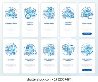 Top management onboarding mobile app page screen with concepts set. Full company owner. Vice president walkthrough 10 steps graphic instructions. UI vector template with RGB color illustrations