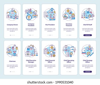 Top management onboarding mobile app page screen with concepts set. Company owner. Vice president walkthrough 10 steps graphic instructions. UI vector template with RGB color illustrations