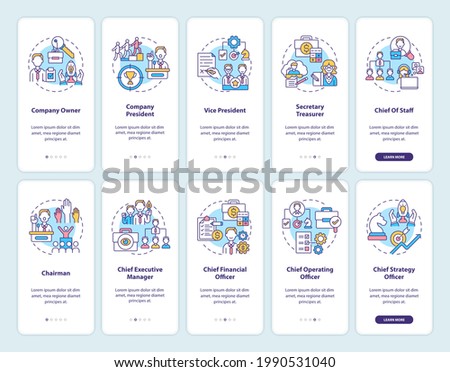 Top management onboarding mobile app page screen with concepts set. Company owner. Vice president walkthrough 10 steps graphic instructions. UI vector template with RGB color illustrations