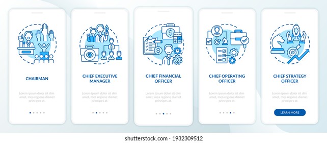 Top management positions onboarding mobile app page screen with concepts. Chief financial officer walkthrough 5 steps graphic instructions. UI vector template with RGB color illustrations