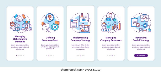 Top management tasks onboarding mobile app page screen with concepts. Managing stakeholders demands walkthrough 5 steps graphic instructions. UI vector template with RGB color illustrations