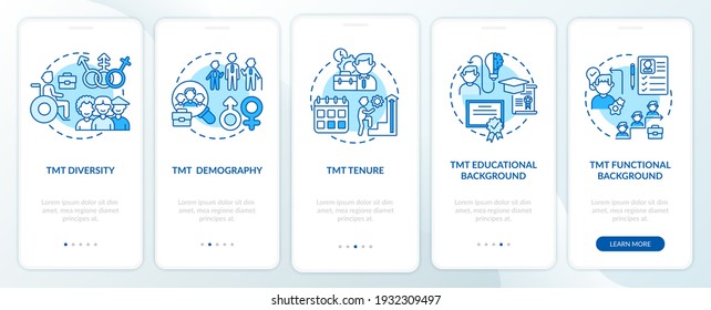 Top management team analysis criteria onboarding mobile app page screen with concepts. TMT demography walkthrough 5 steps graphic instructions. UI vector template with RGB color illustrations