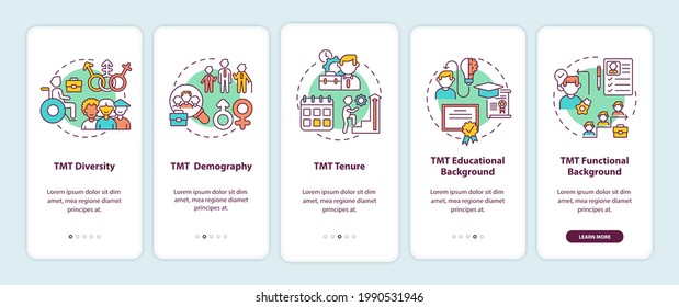 Top management team analysis criteria onboarding mobile app page screen with concepts. TMT diversity walkthrough 5 steps graphic instructions. UI vector template with RGB color illustrations