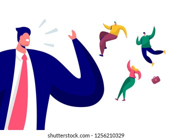 Top Manager Dismiss Employees Characters. Firing, Dismissal, Unemployment, Jobless Concept with Angry Boss Screaming and Fired Businessman. Flat Cartoon Vector Illustration