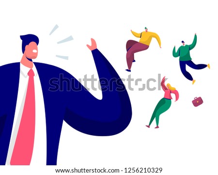Top Manager Dismiss Employees Characters. Firing, Dismissal, Unemployment, Jobless Concept with Angry Boss Screaming and Fired Businessman. Flat Cartoon Vector Illustration