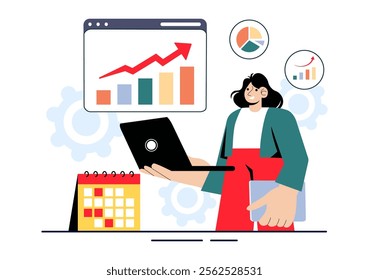 Top Manager Employees Vector Illustration Featuring Project Management and Financial Report Strategies to Achieve Goals or Targets in a Background