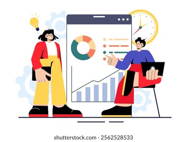 Top Manager Employees Vector Illustration Featuring Project Management and Financial Report Strategies to Achieve Goals or Targets in a Background