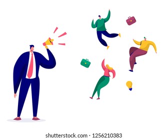 Top Manager with Loudspeaker Dismiss Employees Characters. Firing, Dismissal, Unemployment, Jobless Concept with Angry Boss Screaming and Fired Businessman. Flat Cartoon Vector Illustration