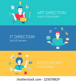 Top Manager Professions Concept Flat Web Banners Template Set Art Direction It Director Chief Accountant Vector Illustration Website Infographics Elements. Process Collection People Professionals Flat