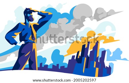 Top manager standing against city background and looking over the horizon for new challenges