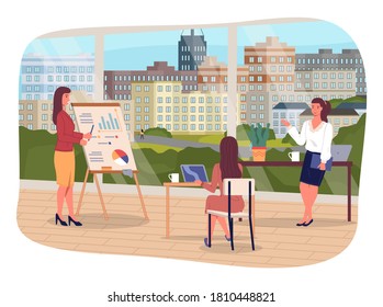 Top manager woman with pointer give presentation on big stand showing analytical data for department head female. Secretary sitting at the desk with laptop. Loft style interior. Business meeting