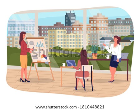 Top manager woman with pointer give presentation on big stand showing analytical data for department head female. Secretary sitting at the desk with laptop. Loft style interior. Business meeting