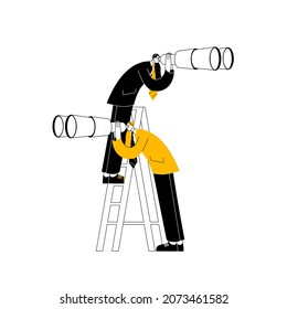 Top managers of companies in business suits look through binoculars. Vector illustration on the topic of finding new markets or strategic planning.