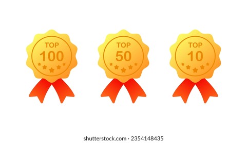 Top medals. Flat, yellow, medal for top 100, 50, 10. Vector icons