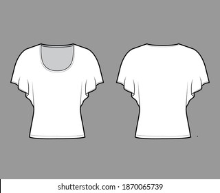 Top with medium batwing sleeves technical fashion illustration with relax fit, under waist length, round neckline. Flat apparel blouse template front, back white color. Women men unisex shirt mockup