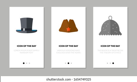 Top, Military, And Tin Foil Hats Flat Icon Set. History, Costume, Style Isolated Vector Sign Pack. Headdress And Entertainment Concept. Vector Illustration Symbol Elements For Web Design And Apps