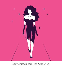 Top model on the runway in a black dress on a pink background