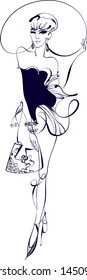 Top model in wide-brimmed hat. Vector fashion sketch.