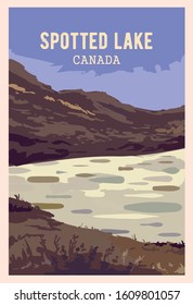 Top most unusual places on earth.  Spotted Lake retro poster, vector illustration.