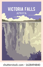 Top most unusual places on earth. Victoria Falls retro poster, vector illustration.