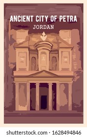 Top most unusual places on earth.  Ancient city of Petra retro poster, vector illustration.