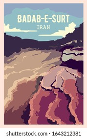 Top most unusual places on earth. Badab-E-Surt retro poster, vector illustration.