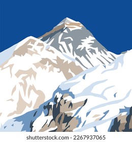 Arriba del monte Everest desde el lado de Nepal visto desde el pico Kala Patthar, ilustración vectorial, Mt Everest 8,848 m, valle Khumbu, Parque Nacional Sagarmatha, montaña Nepal Himalaya