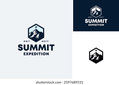 Top Mount with Rocky Ice Snow Peak Summit Mountain Silhouette for Adventure Outdoor Expedition logo design