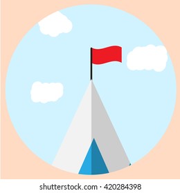 Top of mountain with flag goal icon. Mountain climbing and  mountain peak, mountain top view and mountain landscape  top. Vector flat design illustration