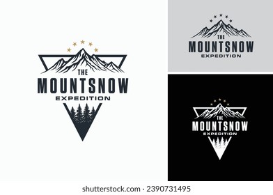 Top Mountain Mount Peak Hand Drawn with Pine Evergreen Larch Tree Forest Silhouette Black White for Vintage Adventure Outdoor Landscape Logo Triangle Label Design 