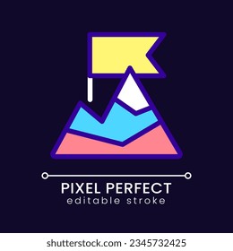 Top of mountain pixel perfect RGB color icon for dark theme. Goal achievement. Adventure and hiking. Simple filled line drawing on night mode background. Editable stroke. Poppins font used